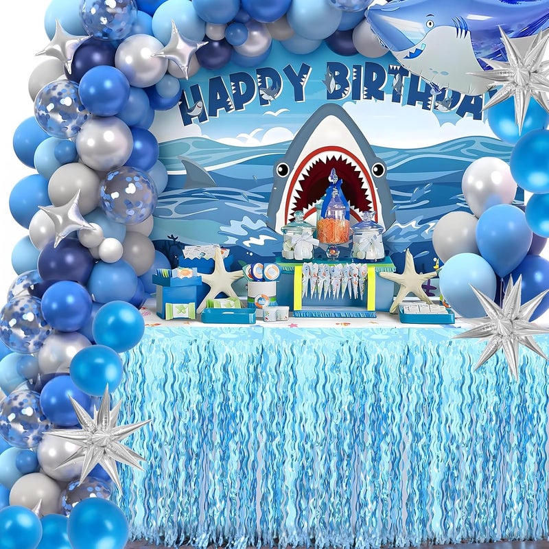 Budicool 2 Pack Teal Blue Shiny Wavy Tinsel Foil Fringe Table Skirts Table Decorations for Mermaid Birthday Decorations,Under The Sea Party Decorations,Baby Shark Birthday Decorations - Image 2