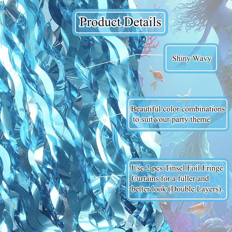 Budicool 2 Pack Teal Blue Shiny Wavy Tinsel Foil Fringe Table Skirts Table Decorations for Mermaid Birthday Decorations,Under The Sea Party Decorations,Baby Shark Birthday Decorations - Image 4
