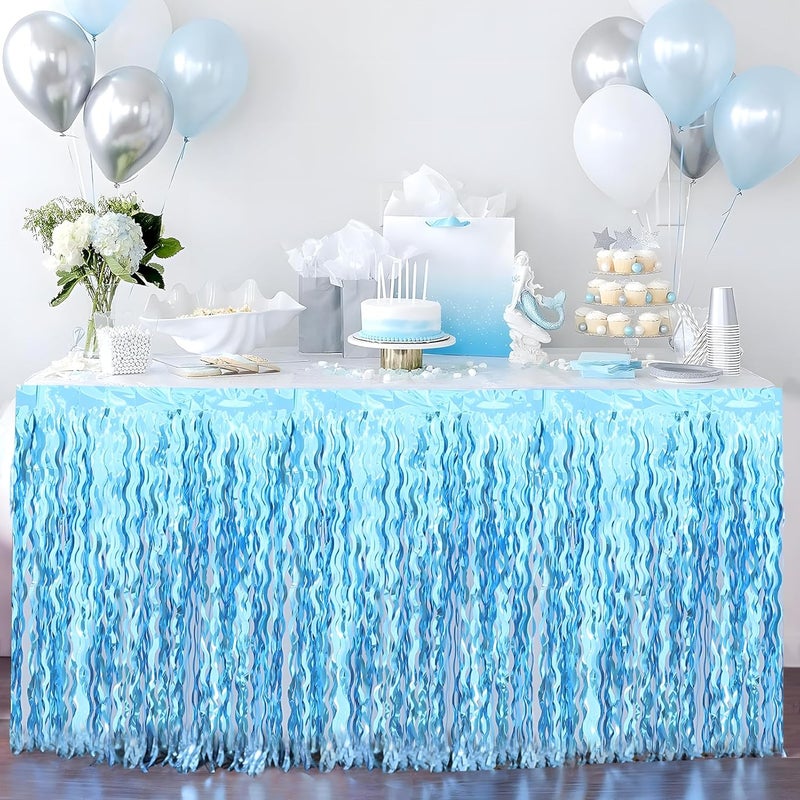 Budicool 2 Pack Teal Blue Shiny Wavy Tinsel Foil Fringe Table Skirts Table Decorations for Mermaid Birthday Decorations,Under The Sea Party Decorations,Baby Shark Birthday Decorations - Image 1