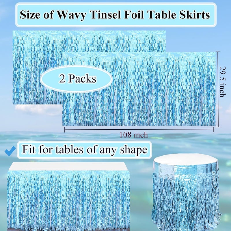 Budicool 2 Pack Teal Blue Shiny Wavy Tinsel Foil Fringe Table Skirts Table Decorations for Mermaid Birthday Decorations,Under The Sea Party Decorations,Baby Shark Birthday Decorations - Image 3