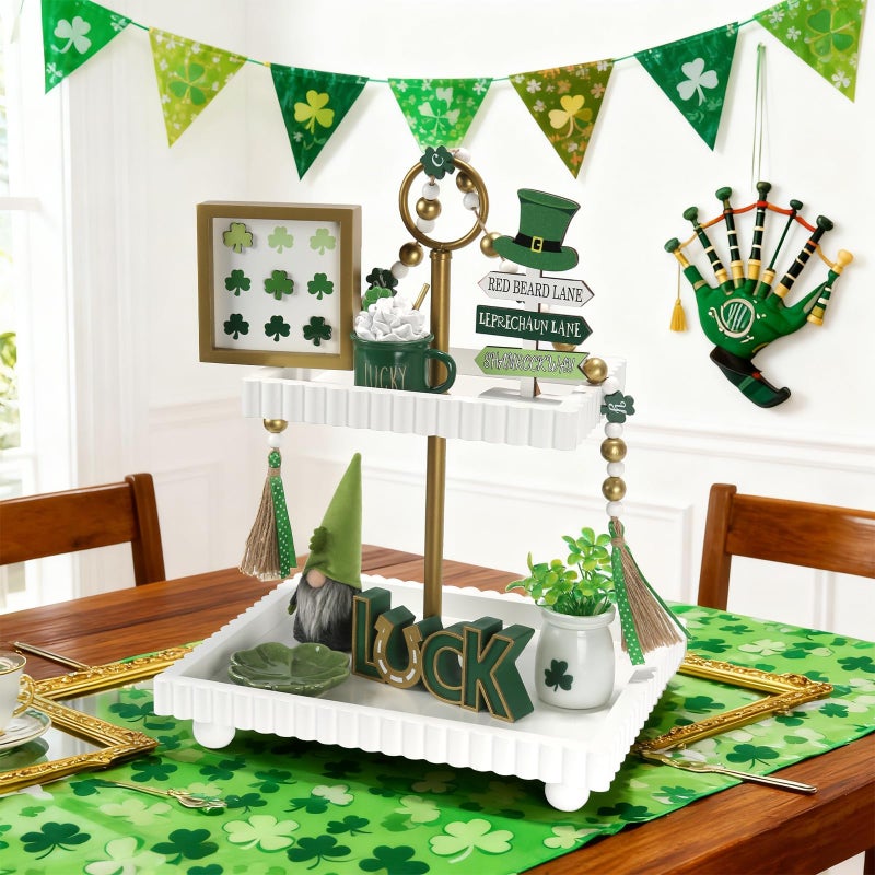 SYNCVIBE St Patrick's Day Decoration 8 PCS Tiered Tray Decor Set, Cute Tabletop Saint Patty's Day DÃ©cor for Home Shelf Mantel Fireplace Office Desk Coffee Bar Shamrock Sign Gnome Lucky Irish Tray Objects - Image 2