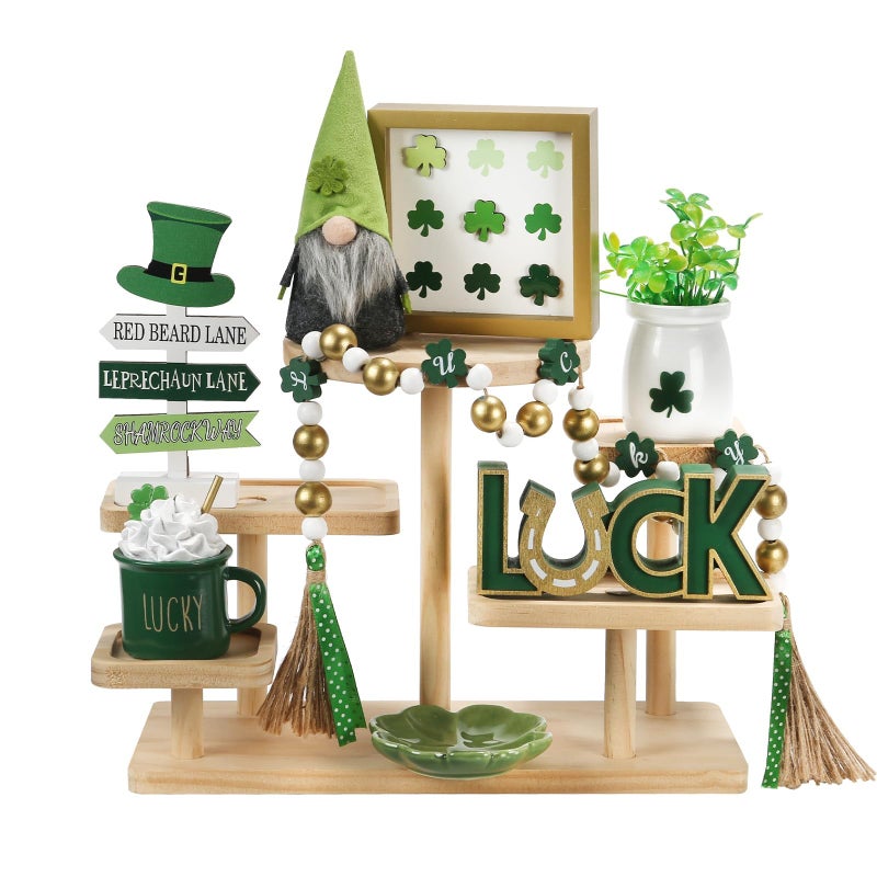 SYNCVIBE St Patrick's Day Decoration 8 PCS Tiered Tray Decor Set, Cute Tabletop Saint Patty's Day DÃ©cor for Home Shelf Mantel Fireplace Office Desk Coffee Bar Shamrock Sign Gnome Lucky Irish Tray Objects - Image 1
