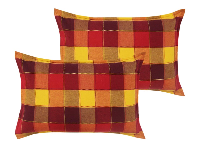 Airwill 100% Cotton Checkered Pattern Flap Pillow Covers (46x69cm)(Red, Yellow, Pack of 2 Pieces) - Image 1