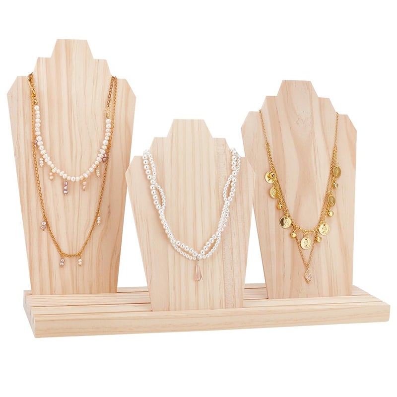 PH PandaHall Wood Necklace Display Stands with 3Row Holder and 3 Removable Displays Wood Plank Necklace Storage Holder Bust Easel Jewelry Display for Necklaces Rings Storage Blanched Almond - Image 2