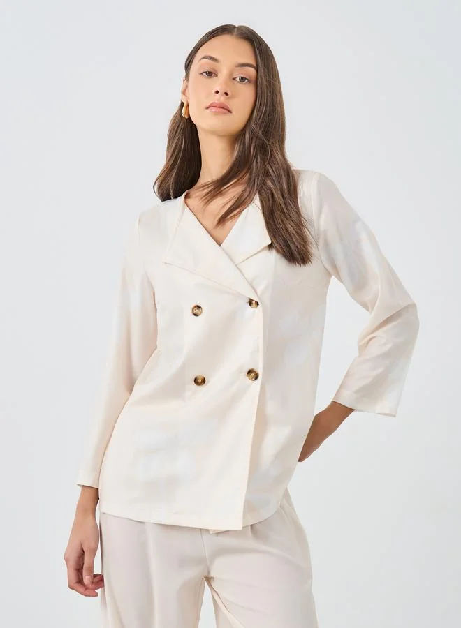 ستايلي Styli Cream Floral Print Collared Shirt and Trouser Modest Set