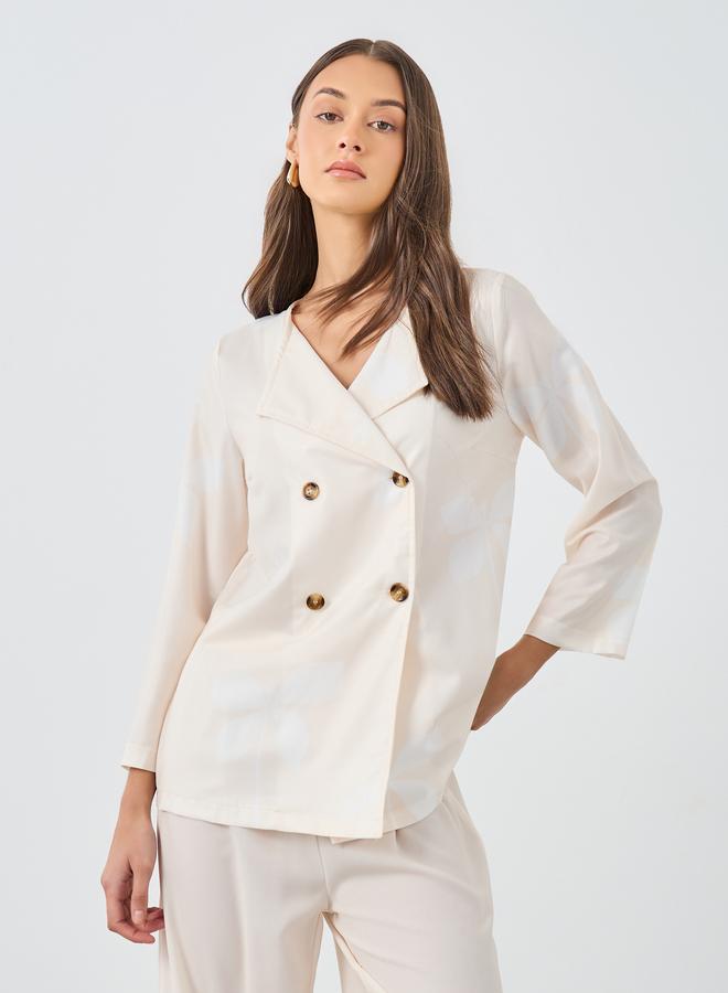 Styli Cream Floral Print Collared Shirt and Trouser Modest Set - Image 2