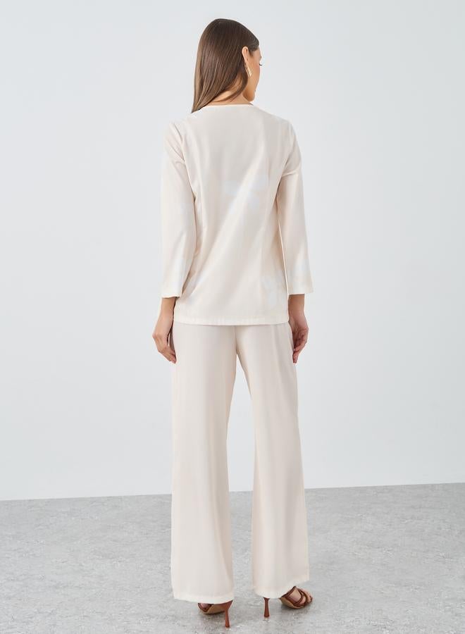 Styli Cream Floral Print Collared Shirt and Trouser Modest Set - Image 5