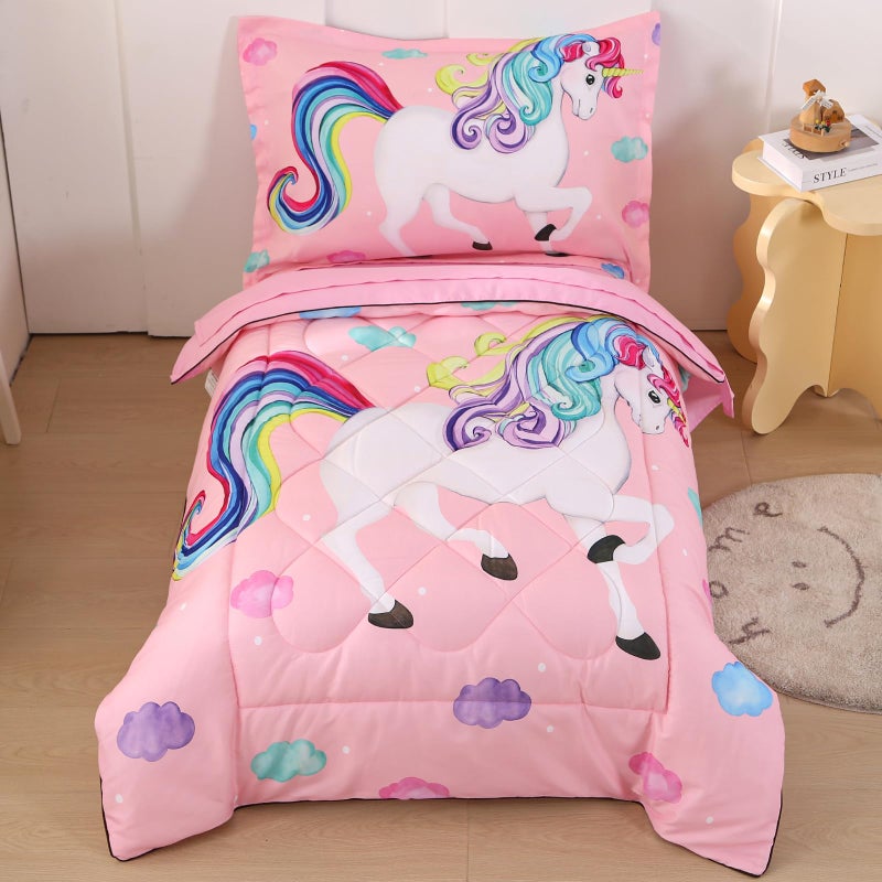 Wowelife Wowelife Unicorn Toddler Bedding Set for Girls Rainbow 4 Piece Toddler Bed Sheets Sets Pink Toddler Comforter Set Kids Bag in A Bag with Comforter Flat Sheet Fitted Sheet and Pillowcase Pink 