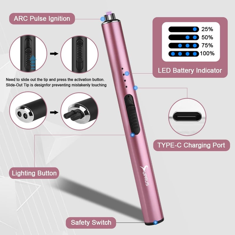 Suprus Electric Lighter Arc Windproof Flameless Usb Rechargeable Lighter With Safety Lock (Pink) - Image 4