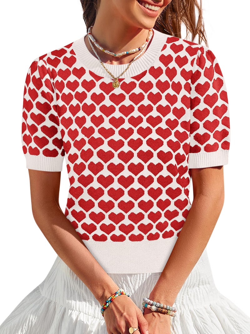 Yousify Women Puff Short Sleeve Sweater Casual Cropped Knit Shirts Cute Heart Holidays Graphic Print Pullover Jumper Tops 2025 White Red - Image 1