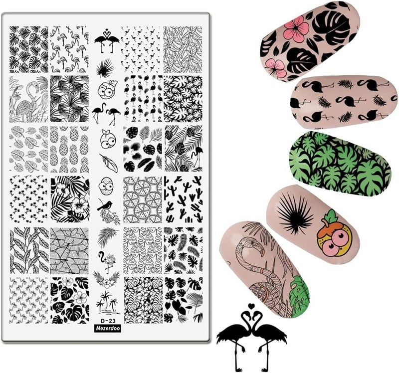 Mezerdoo 1Pcs Flamingo Palm Tree Stamping Plate Cute Bird Leaves Summer Theme Stamp Template Tropical Design Overprint Nail Stamp Stencils Large Rectangle Stainless Steel Nail Stamping Plates - Image 1