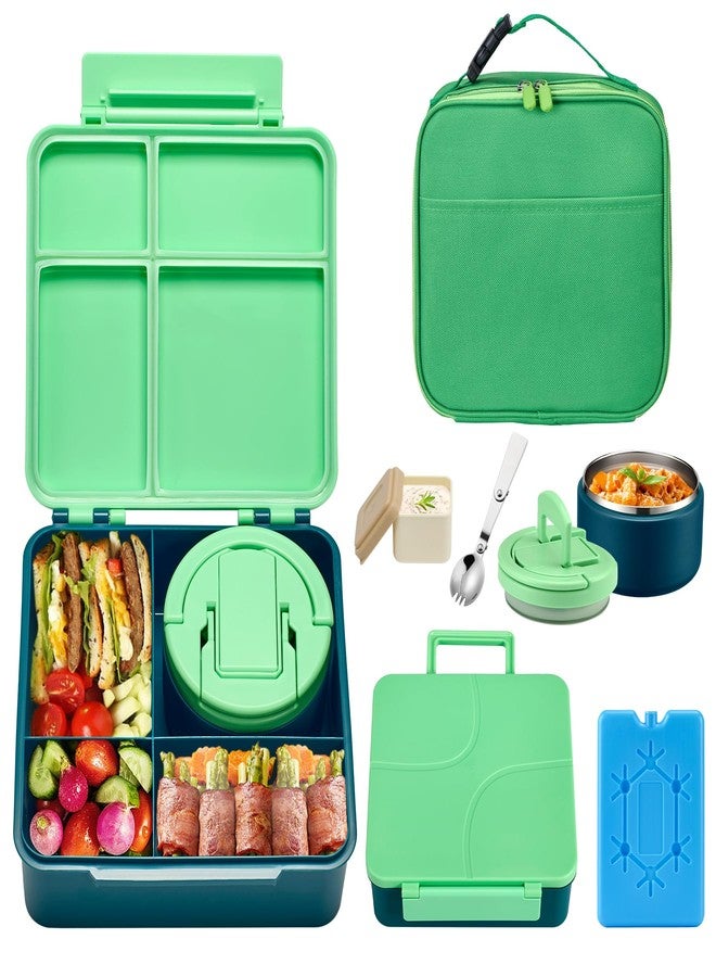 BABHAMNESS Bento Lunch Box with 8oz Soup Thermo,Kids Leakproof Lunch Food Containers with 4 Compartment,Kids Thermo Insulated Hot Food Jar and Lunch Bag for School,Trvael-Green - Image 1