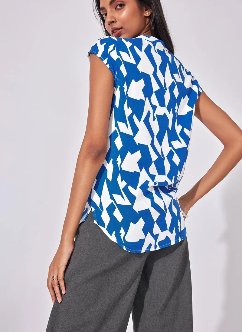 The Label Life The Label Life Women's Abstract Print Cap Sleeve Top - Blue And White