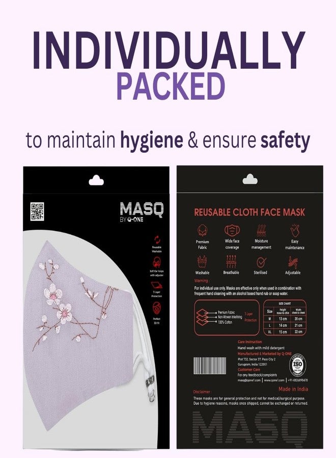 MASQ Blossom Combo, Anti-Pollution Embroidered 4-Layer Premium 100% Pure Cotton Cloth Mask, Anti- Bacterial Filteration Efficiency (BFE)>99%, Reusable & Adjustable, Purple, White & Green, Pack of 3 - Image 3