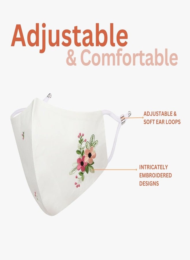 MASQ Blossom Combo, Anti-Pollution Embroidered 4-Layer Premium 100% Pure Cotton Cloth Mask, Anti- Bacterial Filteration Efficiency (BFE)>99%, Reusable & Adjustable, Purple, White & Green, Pack of 3 - Image 4
