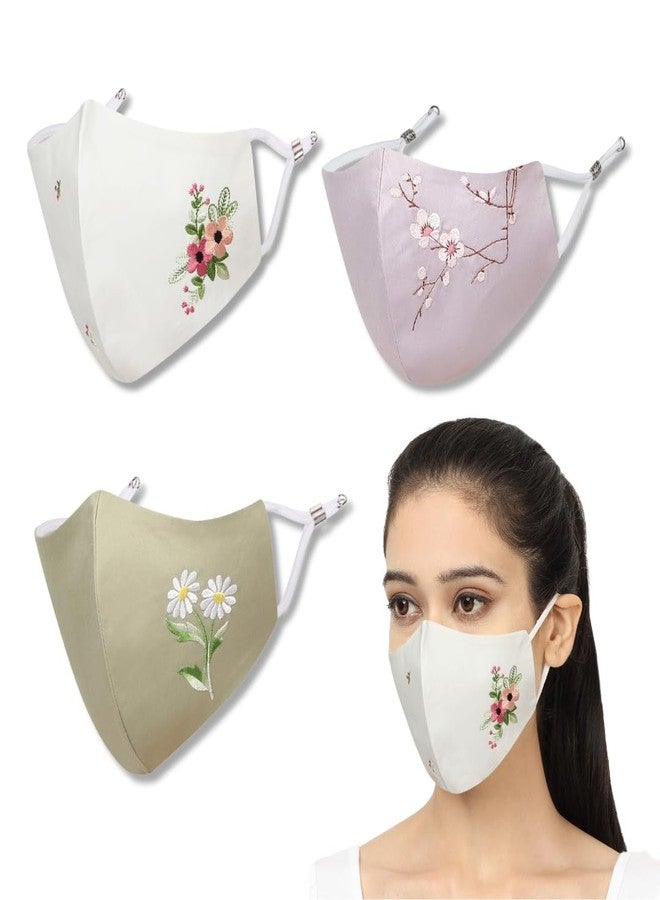 MASQ Blossom Combo, Anti-Pollution Embroidered 4-Layer Premium 100% Pure Cotton Cloth Mask, Anti- Bacterial Filteration Efficiency (BFE)>99%, Reusable & Adjustable, Purple, White & Green, Pack of 3 - Image 1
