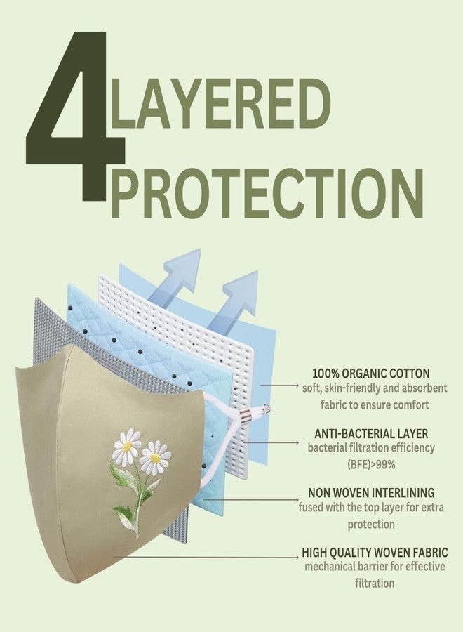 MASQ Blossom Combo, Anti-Pollution Embroidered 4-Layer Premium 100% Pure Cotton Cloth Mask, Anti- Bacterial Filteration Efficiency (BFE)>99%, Reusable & Adjustable, Purple, White & Green, Pack of 3 - Image 2