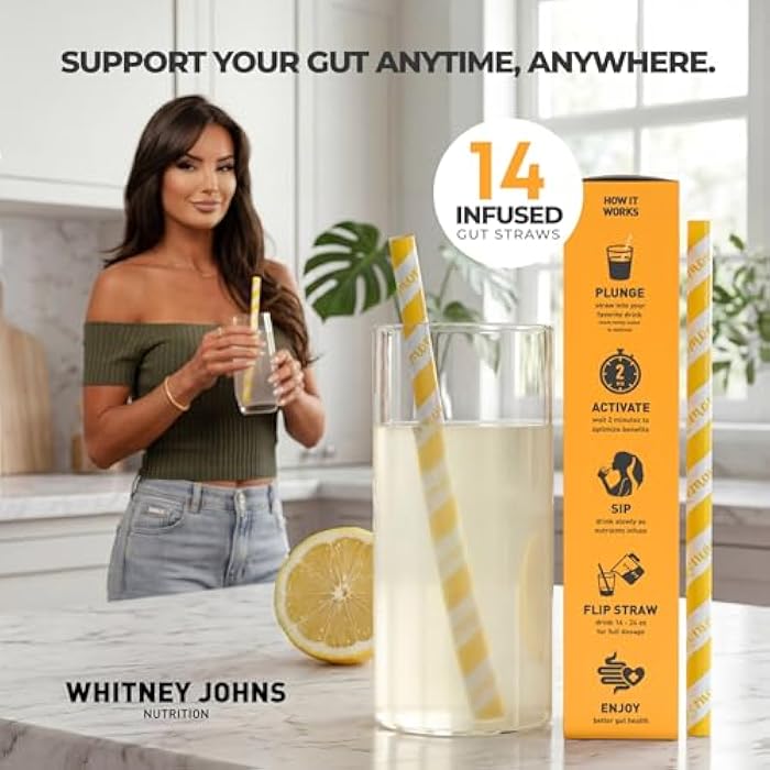 Whitney Johns Gut Straws with Probiotics for Digestive Health – 60 Billion CFUs – Supports Gut Health & Nutrient Absorption – Fiber Infused Drinking Straws with Prebiotics, Lemon Flavor, 14 Count - Image 4