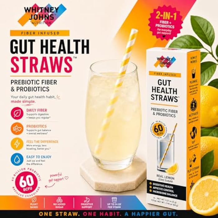 Whitney Johns Gut Straws with Probiotics for Digestive Health – 60 Billion CFUs – Supports Gut Health & Nutrient Absorption – Fiber Infused Drinking Straws with Prebiotics, Lemon Flavor, 14 Count - Image 5