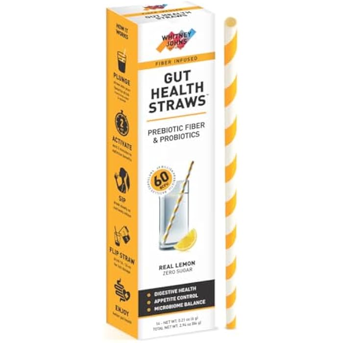 Whitney Johns Gut Straws with Probiotics for Digestive Health – 60 Billion CFUs – Supports Gut Health & Nutrient Absorption – Fiber Infused Drinking Straws with Prebiotics, Lemon Flavor, 14 Count - Image 1