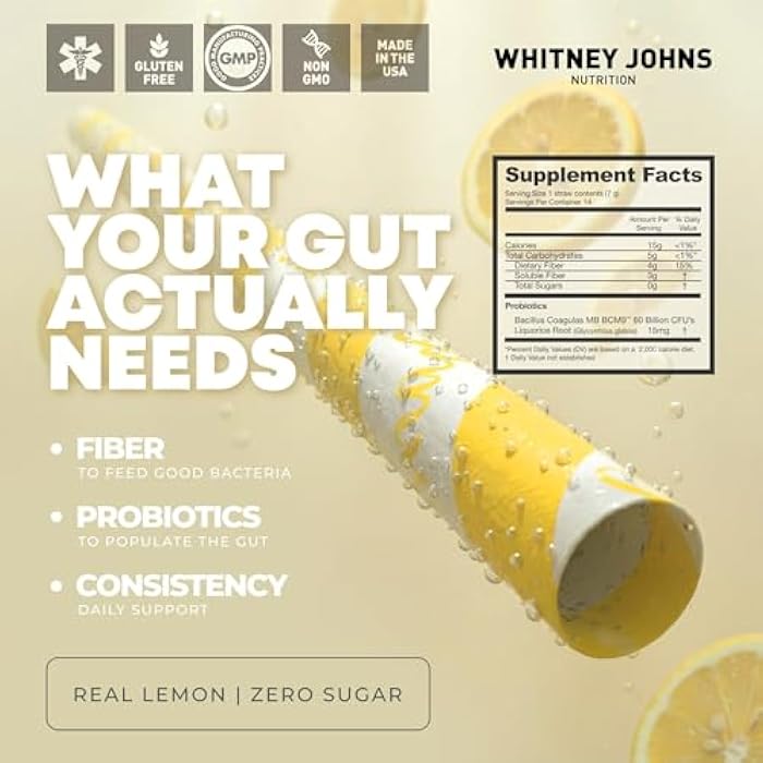 Whitney Johns Gut Straws with Probiotics for Digestive Health – 60 Billion CFUs – Supports Gut Health & Nutrient Absorption – Fiber Infused Drinking Straws with Prebiotics, Lemon Flavor, 14 Count - Image 2