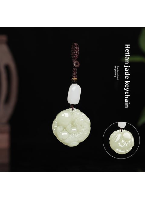 Genuine Hetian Jade Pixiu Pendant Unisex Necklace with Certificate[Certificate] Double-sided Pixiu Keychain [Certificate] Double-sided Pixiu Keychain