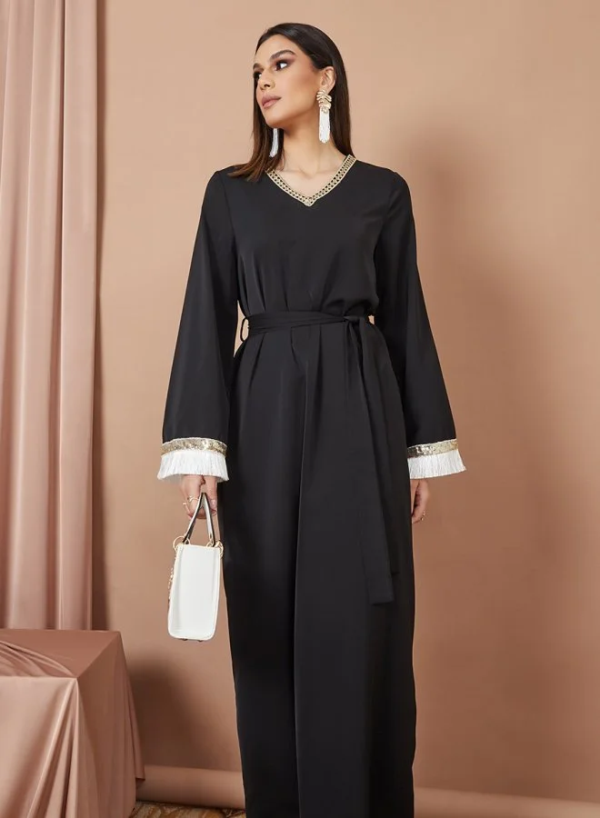 Styli A-Line Crepe Jalabiya with Tassle & Sequin Trim