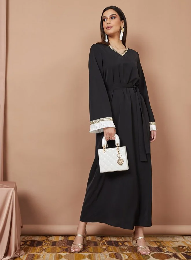 Styli A-Line Crepe Jalabiya with Tassle & Sequin Trim