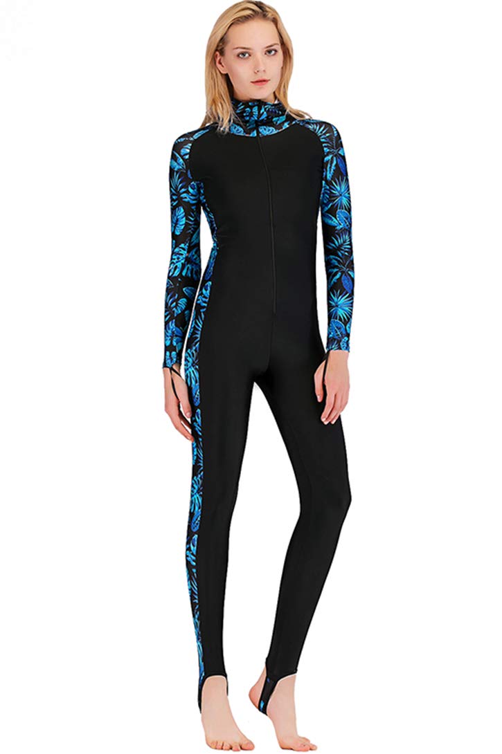 Micosuza Women's Long Sleeve One Piece Swimwear Sun Protection Full Skin Suit with Hood Blue Leaves - Image 1