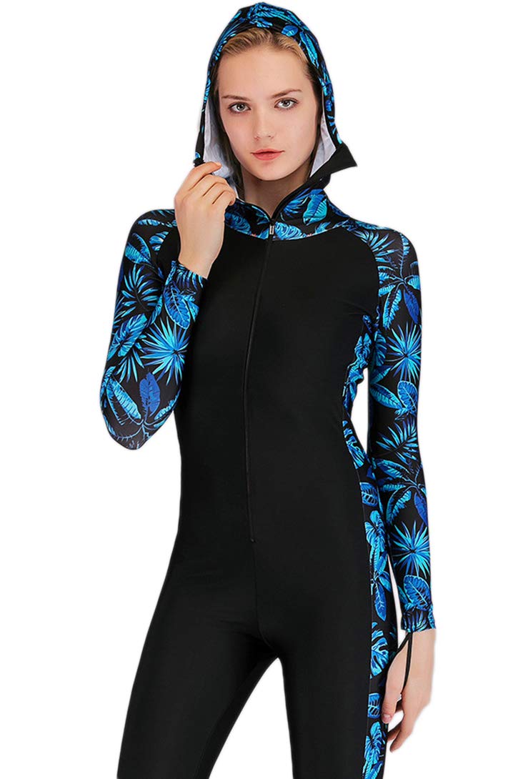 Micosuza Women's Long Sleeve One Piece Swimwear Sun Protection Full Skin Suit with Hood Blue Leaves - Image 4