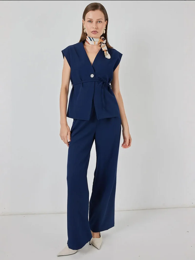 BDART V-Neck Buttoned Top & Wide Leg Pants Two-Piece Coord Set