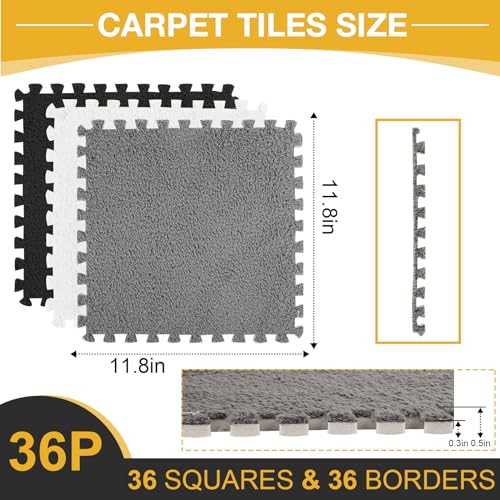 ZENOWICK 36 Pcs Plush Interlocking Carpet Tiles, Non-Toxic Foam Carpet Tiles for Toddler Baby, Machine-Washable, Anti-Slip, EVA Foam Interlocking Tiles for Floor, Nursery, Playroom, Grey White Black - Image 2
