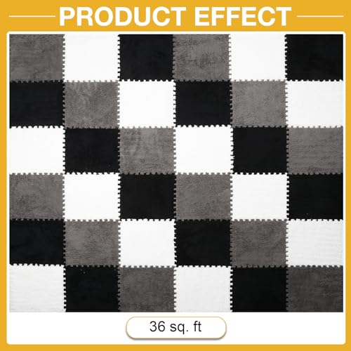 ZENOWICK 36 Pcs Plush Interlocking Carpet Tiles, Non-Toxic Foam Carpet Tiles for Toddler Baby, Machine-Washable, Anti-Slip, EVA Foam Interlocking Tiles for Floor, Nursery, Playroom, Grey White Black - Image 4