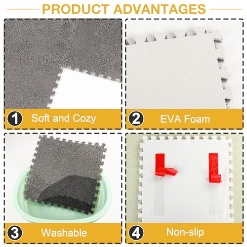 ZENOWICK 36 Pcs Plush Interlocking Carpet Tiles, Non-Toxic Foam Carpet Tiles for Toddler Baby, Machine-Washable, Anti-Slip, EVA Foam Interlocking Tiles for Floor, Nursery, Playroom, Grey White Black - Image 5