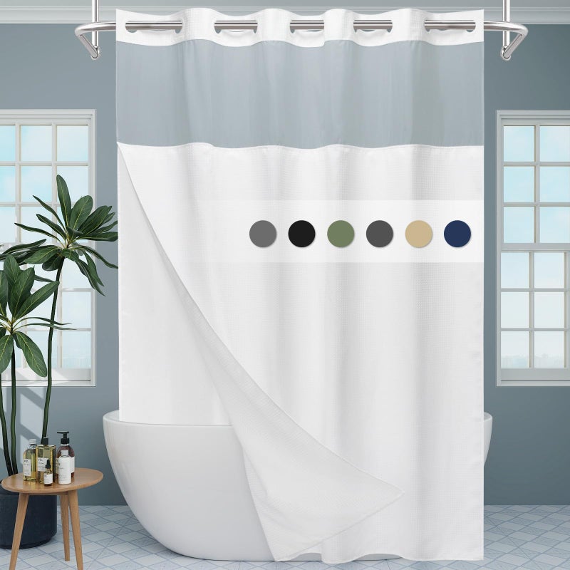 EUTXL White Long No Hook Shower Curtain with Snap in Liner 230GSM Waffle Weave Shower Curtains for Bathroom 71W x 86H - Image 1