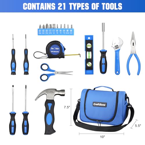 CRAFTZONE 21-Piece Basic Household Hand Tool Kit,Home Repair Tool Set Bag for Dorm/Office/DIY/Desk/Apartment(Blue) - Image 4