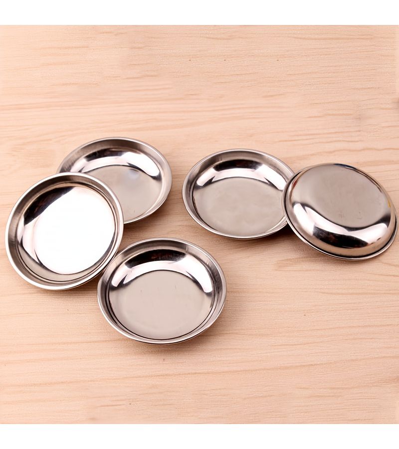 5pcs Stainless Steel Round Mini Plates Small Dipping Sauce Dishes Flat Bottomed Seasoning Plates Durable Easy Clean Ideal for Kitchens Restaurants - Image 1