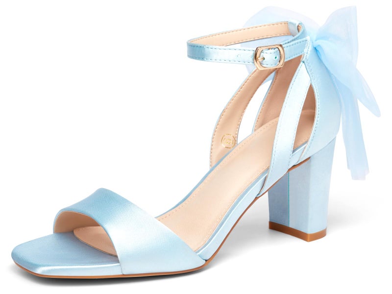 Coutgo Women's Bow Tie Heeled Sandals One Strap Chunky Heel Pumps Satin Ankle Buckle Dress Party Summer Shoes, Sky Blue, Size 8 - Image 1