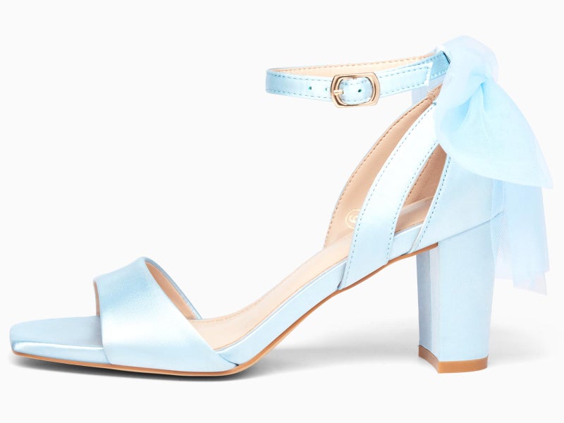 Coutgo Women's Bow Tie Heeled Sandals One Strap Chunky Heel Pumps Satin Ankle Buckle Dress Party Summer Shoes, Sky Blue, Size 8 - Image 4