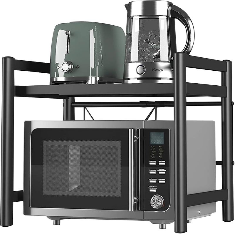 DAYONG Microwave Oven Rack,Expandable Horizontal Extension Microwave Shelf Toaster Oven Stand Rice Cooker Stand Kitchen Counter Top Organizer 2-tier with 6 Hooks - Image 1