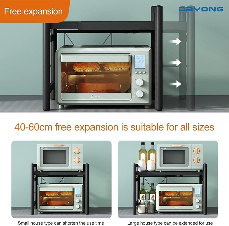 DAYONG Microwave Oven Rack,Expandable Horizontal Extension Microwave Shelf Toaster Oven Stand Rice Cooker Stand Kitchen Counter Top Organizer 2-tier with 6 Hooks - Image 4