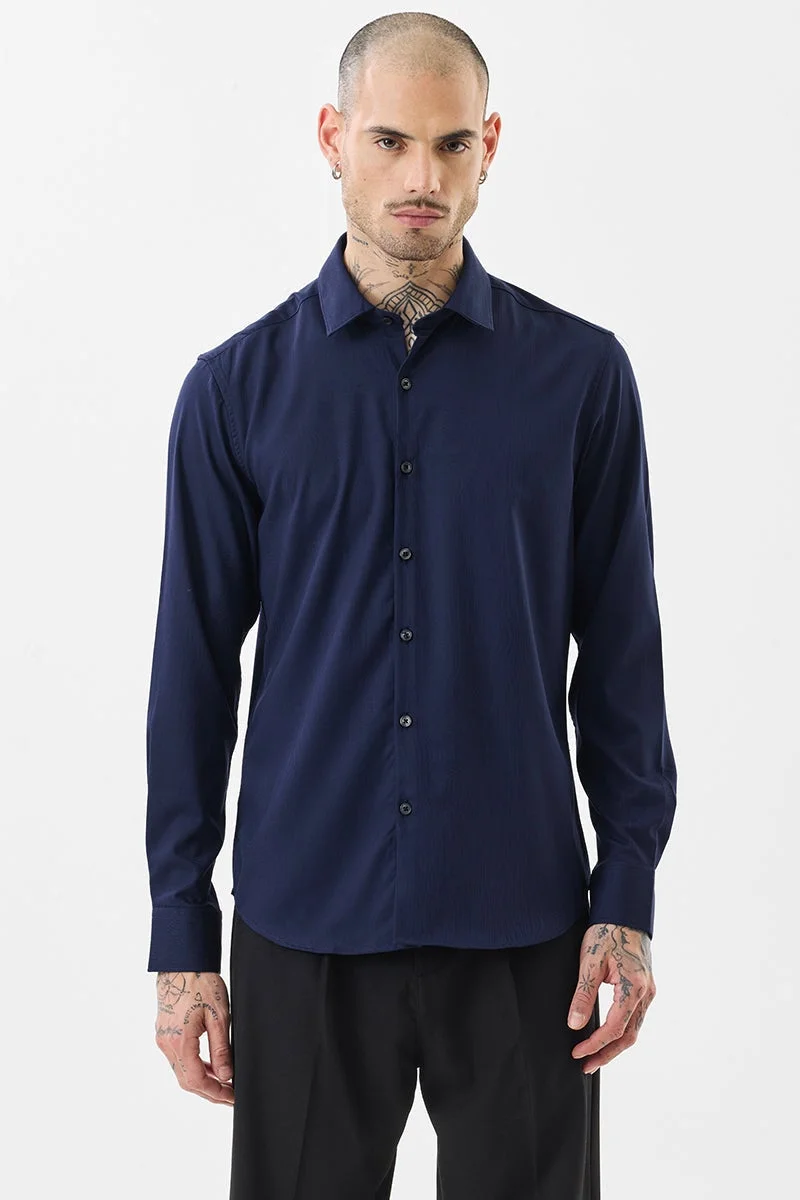 SNITCH Navy Solid Long Sleeve Slim Fit Luxe Shirt