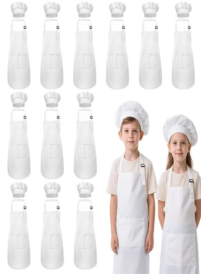 IAGBIBUI Kids Apron and Chef Hat Set, 24 Pieces Boys Girls Kids Apron with 2 Pockets Adjustable for Cooking Classroom Baking Painting, 6-13 Years, White - Image 1