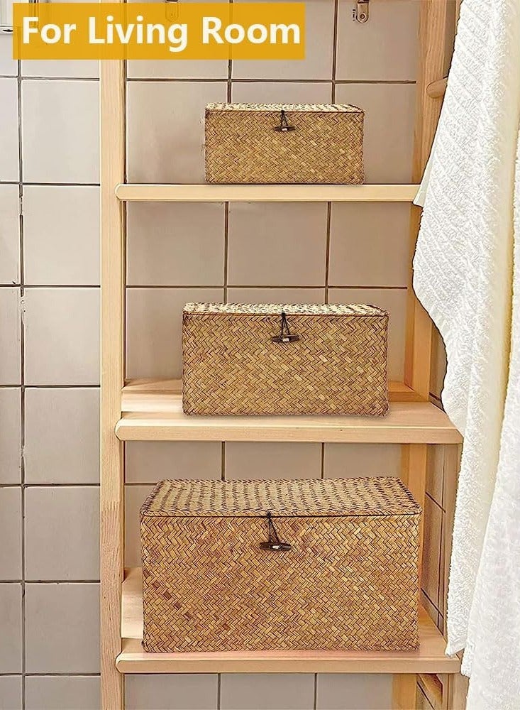 HOME TASTE TOMSUN Wicker Storage Baskets with Lids Natural Seagrass Rattan Woven Organizer Boxes Shelf Baskets for Shelves Organizing - Image 3