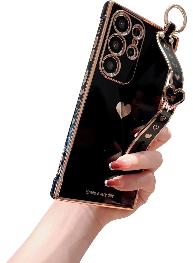 Q TRIPLE A Luxury Heart Design Case for Samsung Galaxy S24 Ultra, Girly Design, Electroplated Protective Cover with Adjustable Finger Strap & Kickstand, Anti-Fall Fashion Case for Women & Girls (Black) - Image 1