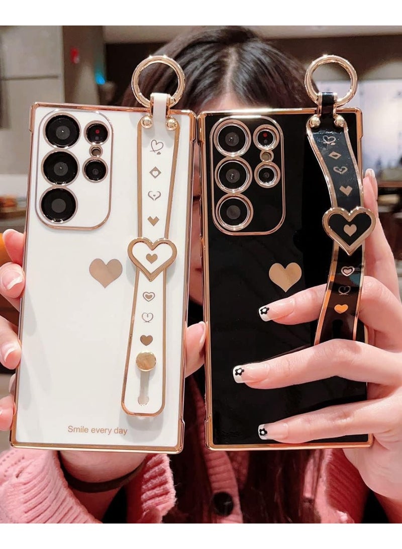 Q TRIPLE A Luxury Heart Design Case for Samsung Galaxy S24 Ultra, Girly Design, Electroplated Protective Cover with Adjustable Finger Strap & Kickstand, Anti-Fall Fashion Case for Women & Girls (Black) - Image 4