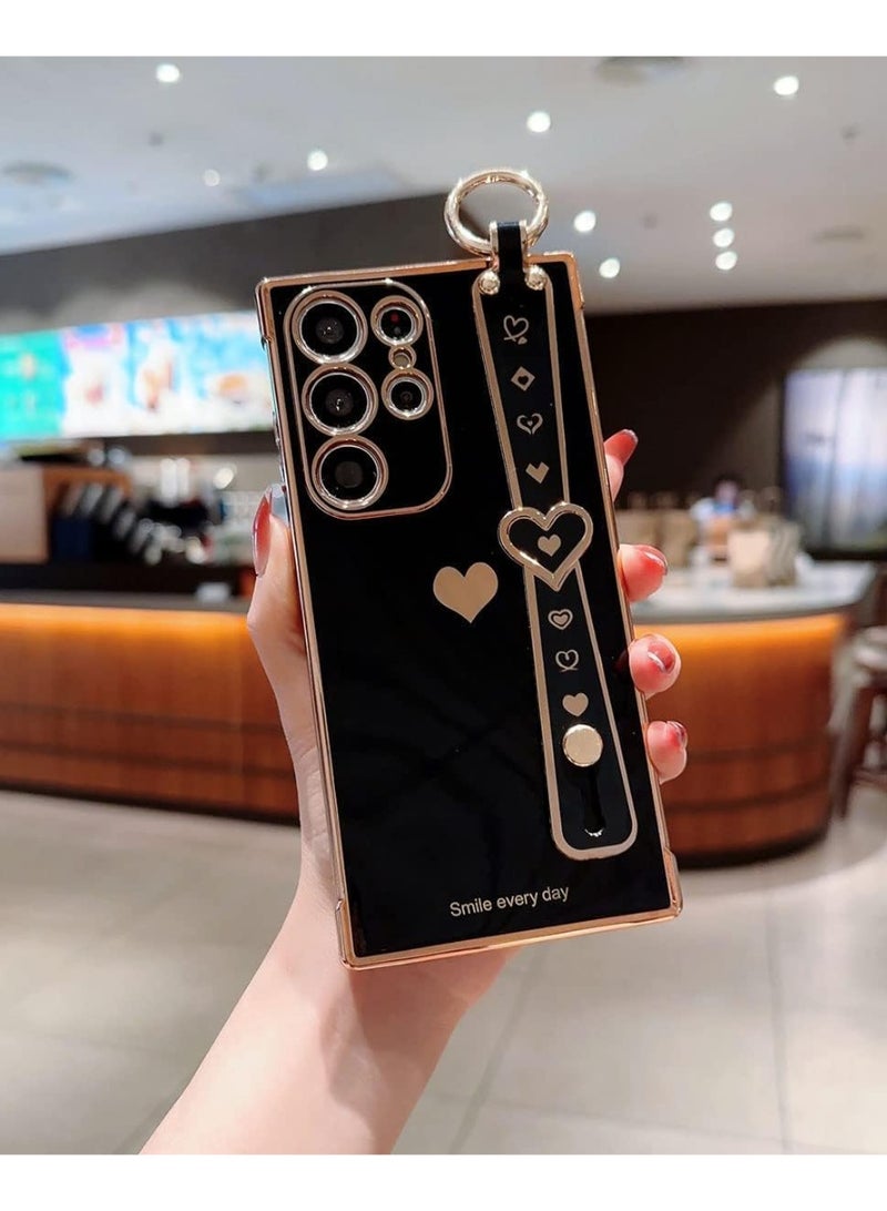 Q TRIPLE A Luxury Heart Design Case for Samsung Galaxy S24 Ultra, Girly Design, Electroplated Protective Cover with Adjustable Finger Strap & Kickstand, Anti-Fall Fashion Case for Women & Girls (Black) - Image 2
