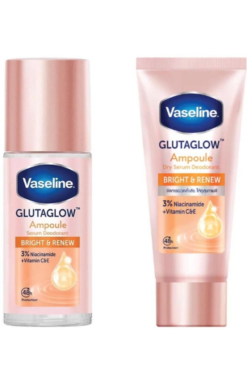 فازلين أفضل مجموعة من قطعتين من مزيل العرق رول أون سيروم جلوتا جلو مزيل العرق برايت آند رينيو 45 مل + جلوتا جلو برايت آند رينيو دراي سيروم مزيل العرق 45 مل