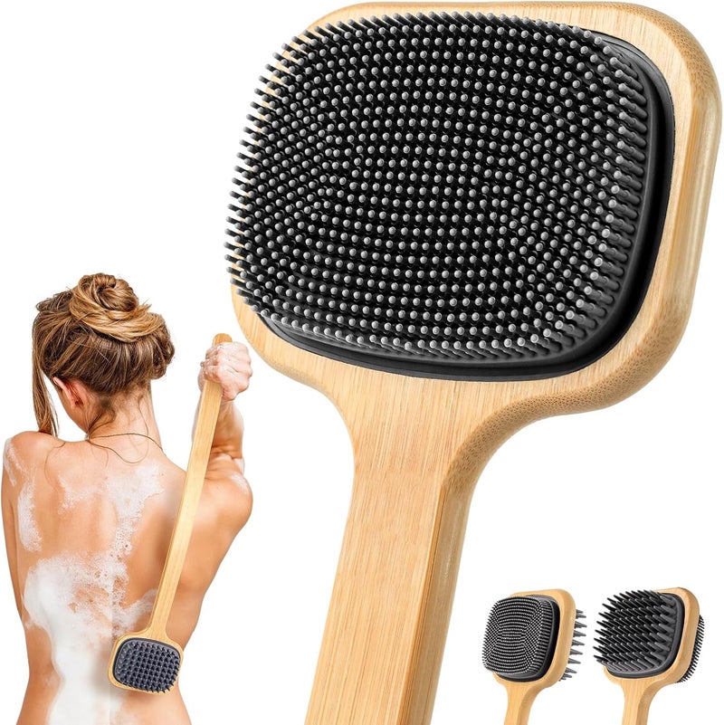 NURENDER DualSided Back Scrubber for Shower 2165 Long Handle Back Brush Soft Silicone for Sensitive Skin Dry Brushing Back Cleansing Dry Quickly Body Bath Brush for Men Women Elderly