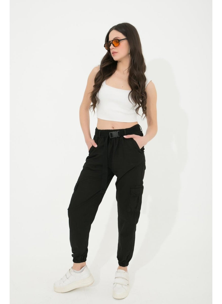Tena Women's Black Elastic Waist Belt Cargo Pocket Pants  - Image 1